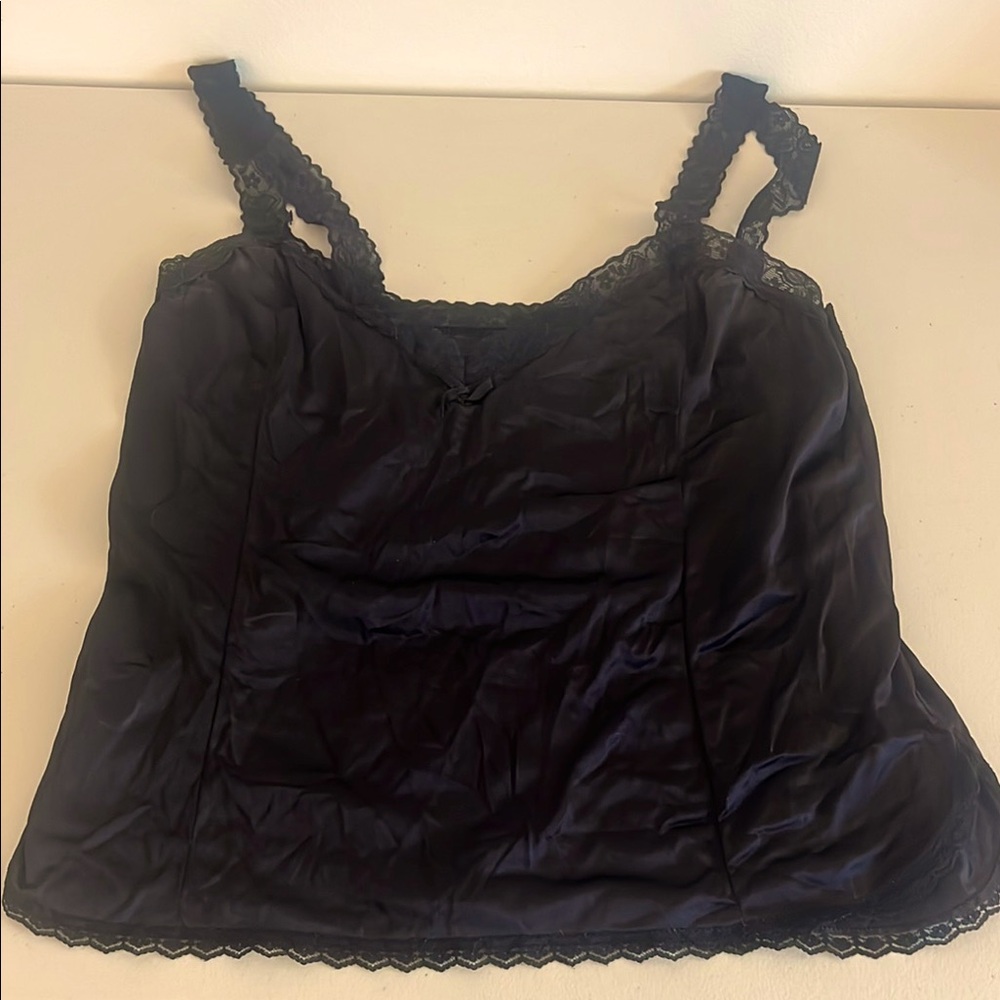 Vintage Mel Lin Lingerie Camisole Tank Top Black Silky Lace Size XL Made in USA